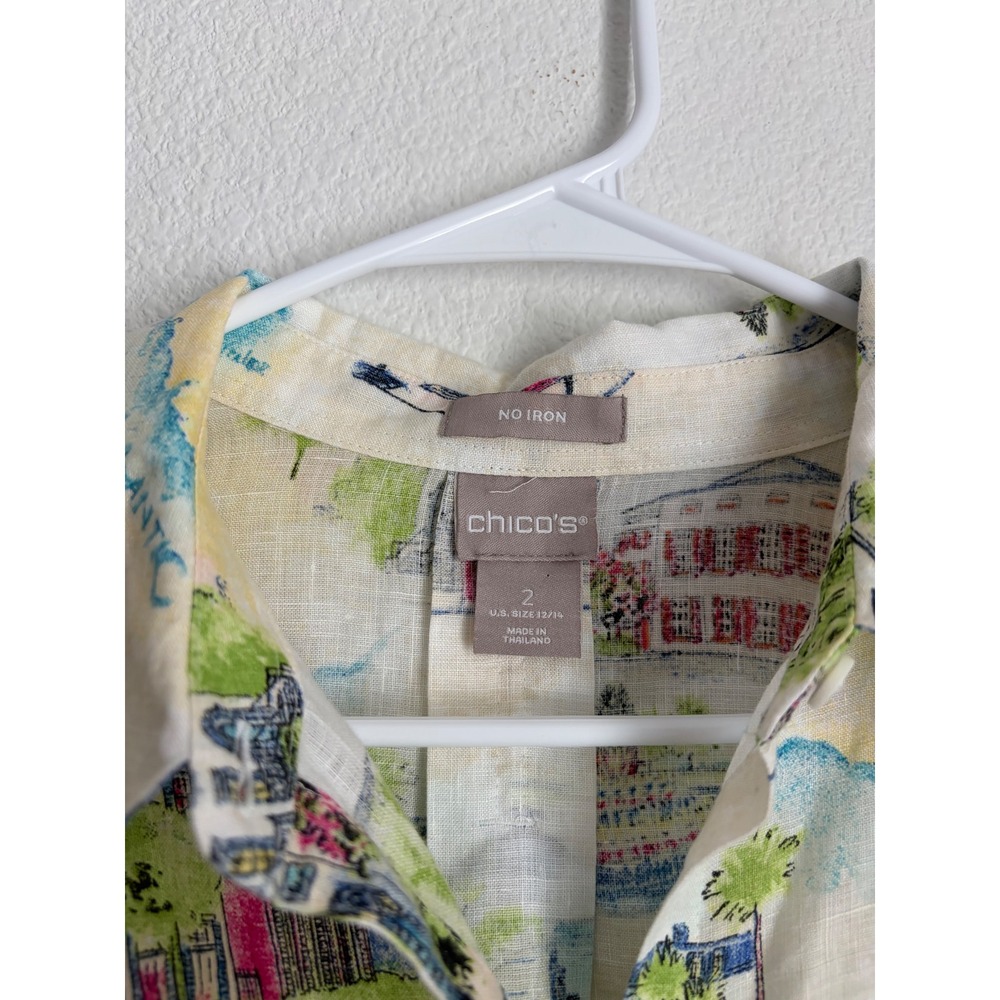 Chicos No Iron Linen Blend‎ Coastal Town Print Button Down Shirt Size 2 Large - Picture 3 of 4